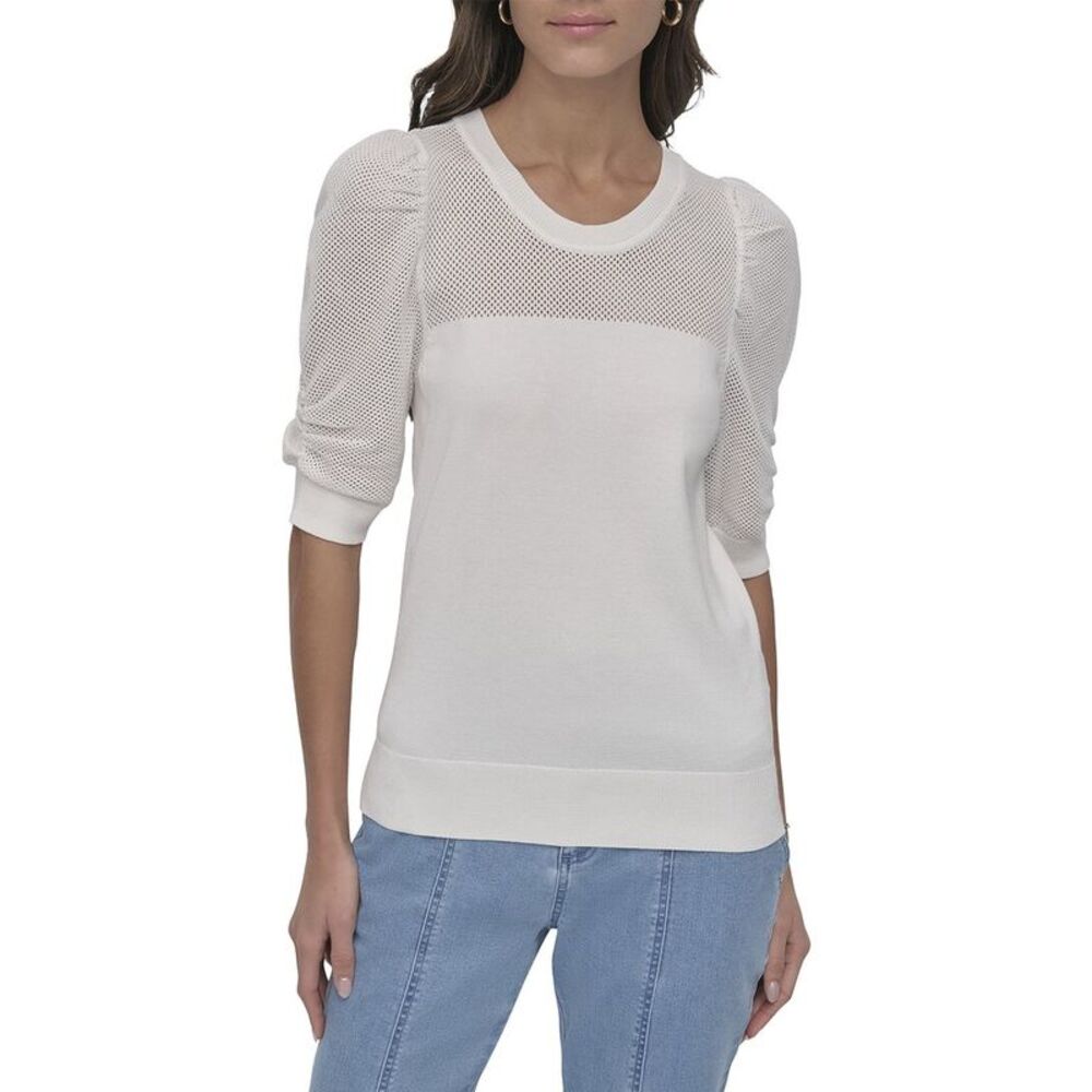 Dkny Womens Crewneck Twist Sleeve Sweater, White